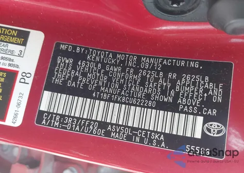 2012 Toyota Camry Se Limited Edition from USA, damaged, VIN 4T1BF1FK8CU622280